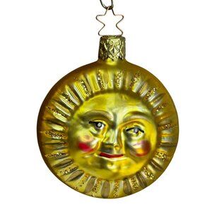 Inge-Glas Germany Smiling Sun Face Glass Ornament Gold Glitter Rays 3" Retired